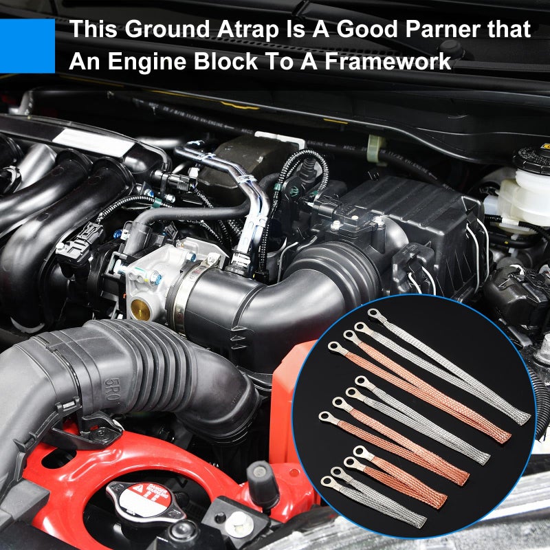 Yaocom 12 قطعة من الأشرطة الأرضية العالمية للسيارات من Yaocom، طقم حزام أرضي للمحرك 10/15/20 بوصة مع أطراف حلقية، أشرطة كابل تأريض للمحرك النحاسي المضفر لمعظم السيارات - Image 5